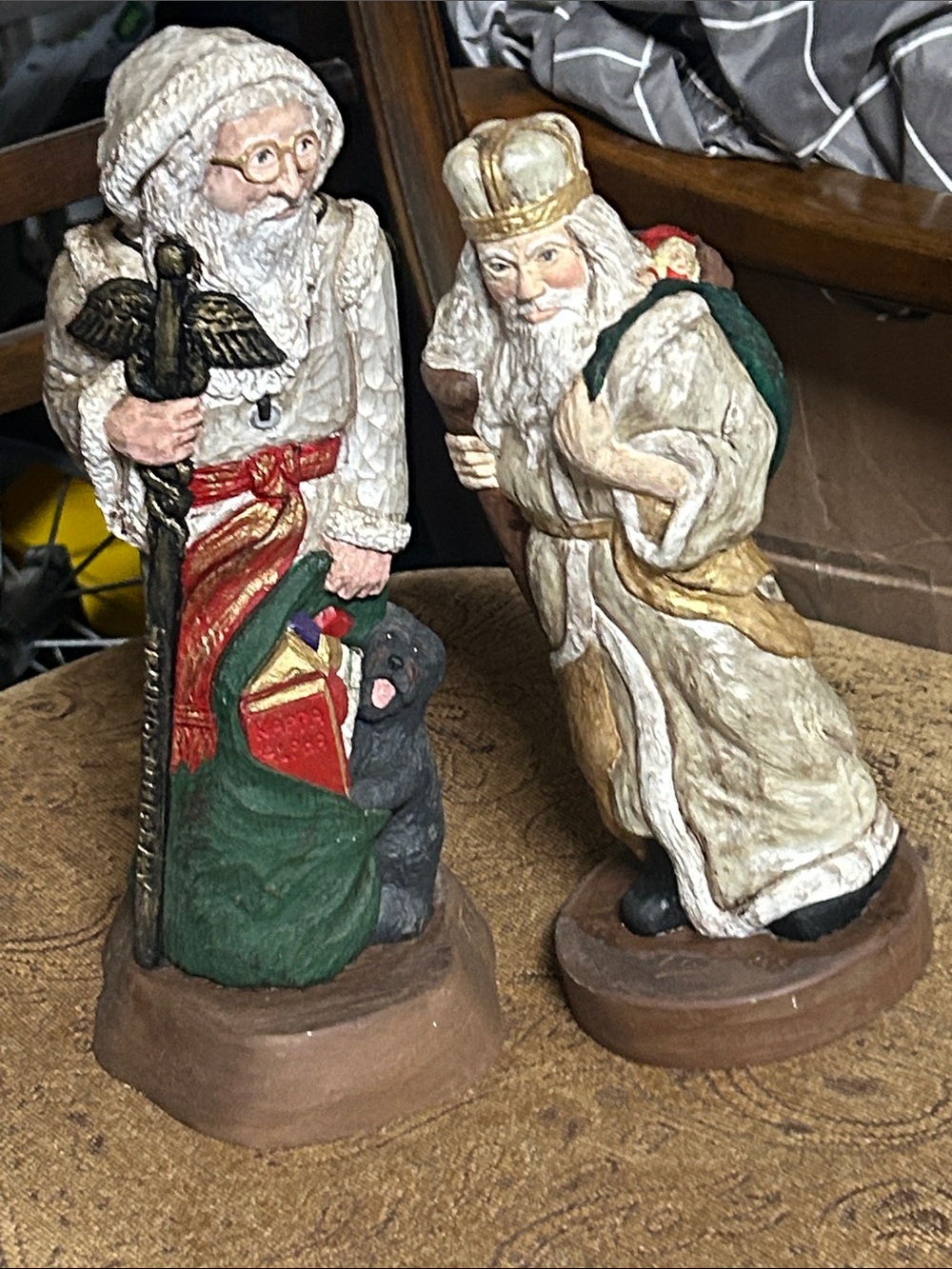Set of 2 Hand-Painted White and Green Christmas Santa Figurine Duo